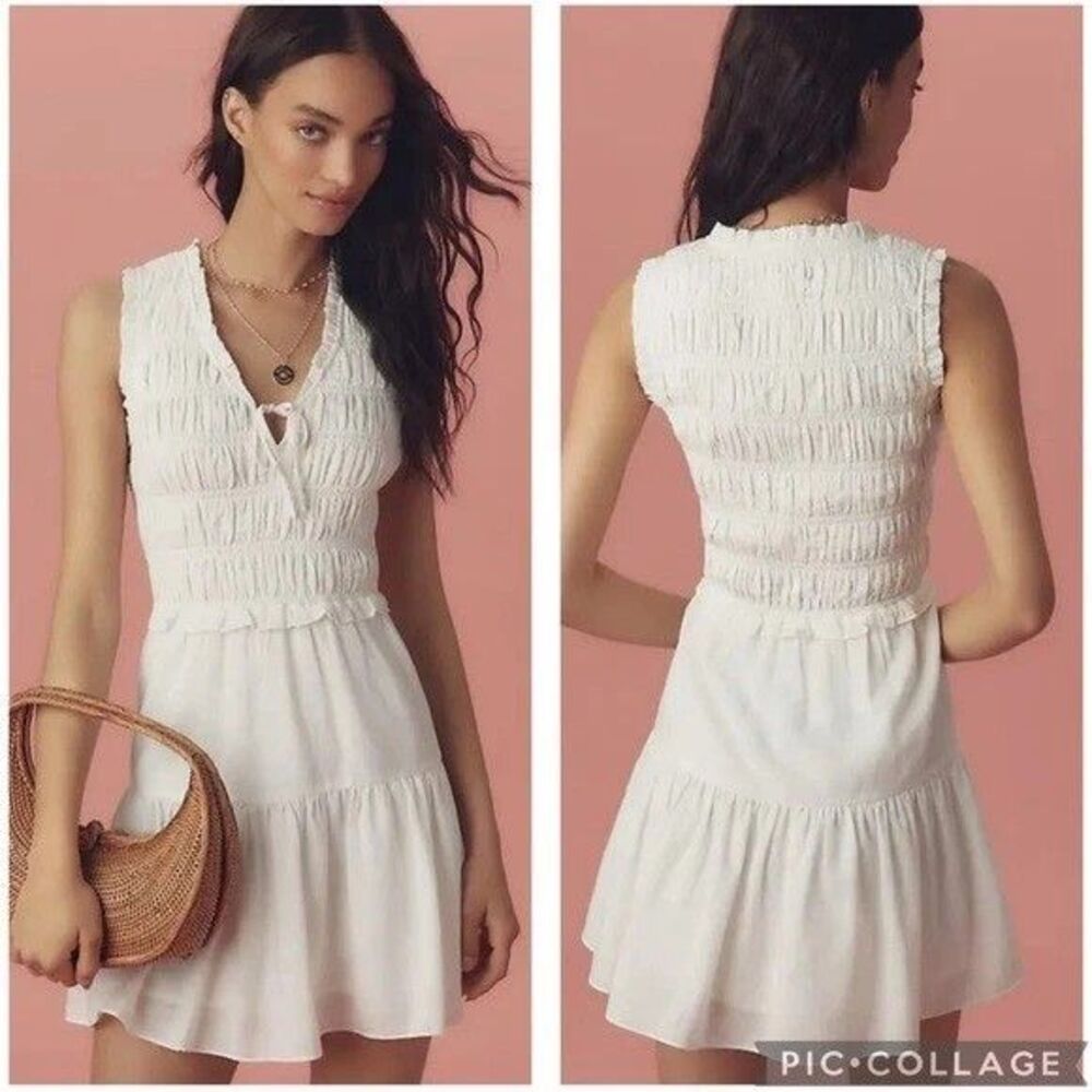 Paige Fraise Smock Bodice Sleeveless Mini Dress White L Romantic Cottagecore